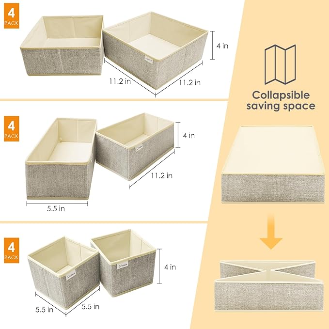12 Pack Drawer Organizers for Clothing, Foldable Clothes Storage Box Closet Dresser Drawer Organizers Dividers, Bedroom Organization Fabric Bins for Baby Clothes Underwear Sock Bra Ties (Beige)