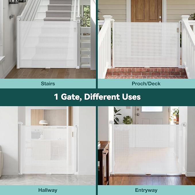 Babepai Retractable Baby Gates for Stairs, Retractable Dog Gate for Indoor/Outdoor Use | Child Gates for Doorways, Deck, Porch, Hallways, Patio (White, 55" Wide 34" Height)