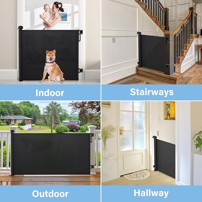 probebi Retractable Baby, Child & Dog Gates for Stairs, Extends to 54" Wide 34" Tall, Use for Outdoor, Indoor, Hallways, Doorways, Deck, Porch, Black