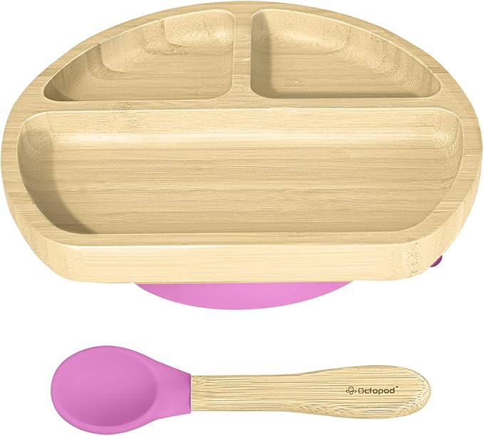 Abiie Octopod Bamboo Dish - Kids Plates for 4 months and up, 3-Compartment Baby Plates with Suction, Triangle Bamboo Baby Plate, Mess-Free Toddler Suction Plates, Baby Feeding Supplies, 8.3x1.9x7.7 in