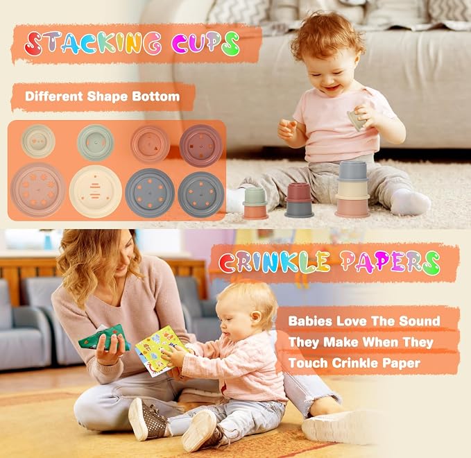 Baby Toys 6 to12 Months, 7 in-1 Montessori Toy for 6-9-12-18 Month Old with Pull String Toy, Sensory Bin Toys, Stacking Baby Blocks & Soft Infant Ring & Sensory Ball, Stacking Cups for Toddler 1-3Gift