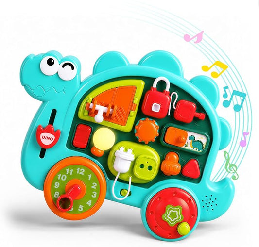 iPlay, iLearn Dinosaur Busy Board Montessori Toy for Toddlers Age 1-3, 2-4 | Baby Music Sensory Learning Activity Board, Fine Motor Development Toy, Birthday Gift 18 24 Month 1 2 3 4 Yr Old Kid Boy Girl