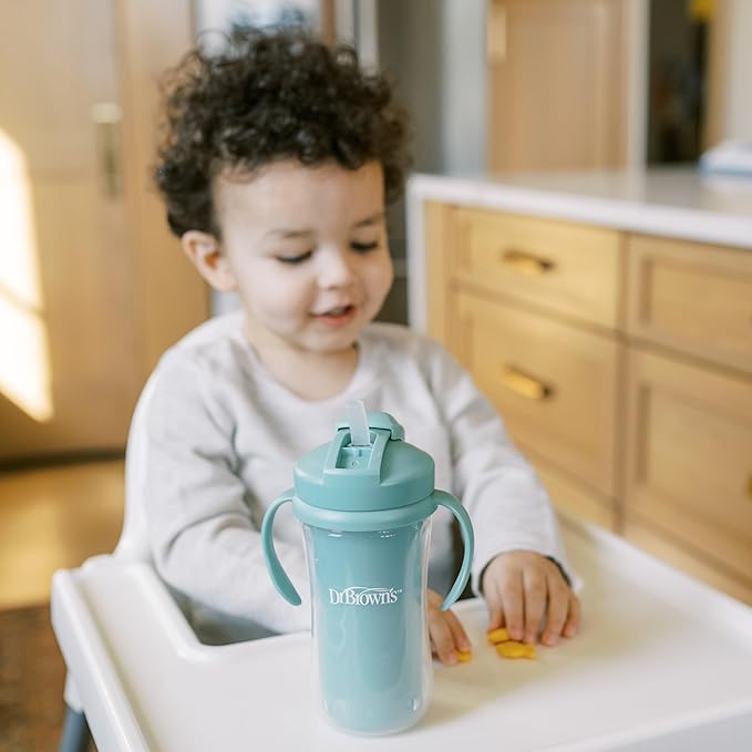 Dr. Brown's Milestones Insulated Sippy Cup with Straw and Handles, Spill-Proof Tumbler with Lid, 4-Pack, Green/Blue/Green/Green, 10 oz/300 mL, BPA Free, 12m+