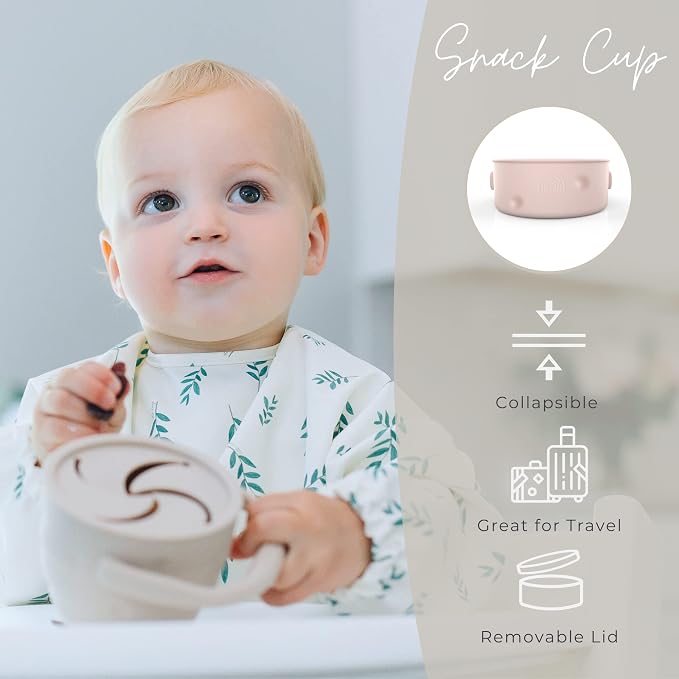 Baby Feeding Set - Baby Must Haves Gift Set - Baby Led Weaning Supplies - Toddler Silicone Dishes - Suction Baby Bowl, Bib, Snack Cup, Utensils, Baby Plate Set of 8 (Pink)