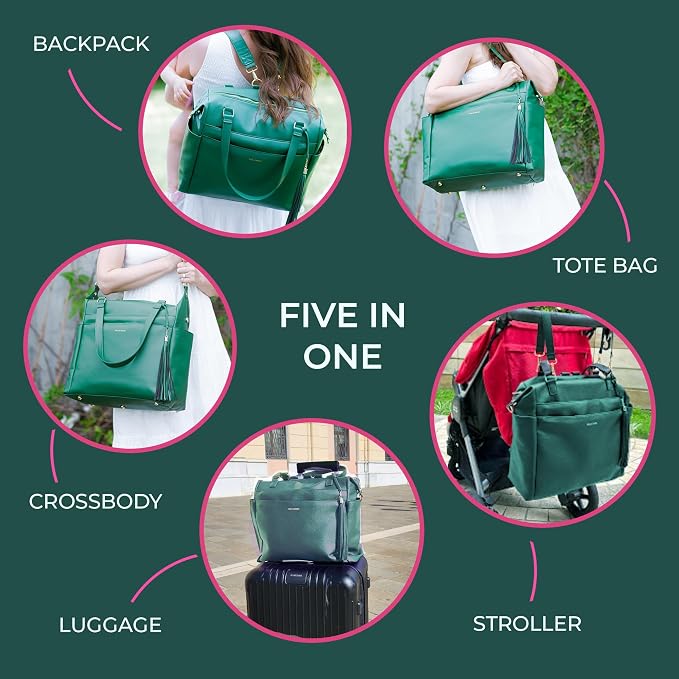 Large Diaper Bag Backpack, Vegan Leather Diaper Travel Tote Bag with Changing Pad and Stroller Straps