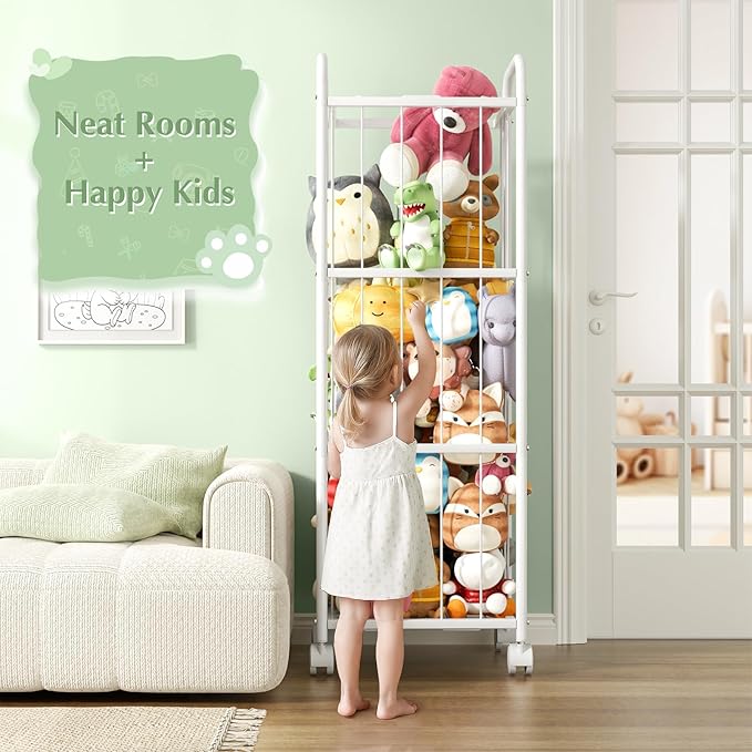 Stuffed Animal Storage Metal Tube Extra Large Toy Storage Organizer with Brake Wheels, Stuffed Animal Holder Zoo Organizer for Nursery Playroom Kids Room White(53.5??x 18.1?�x 13??
