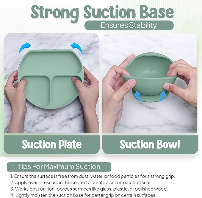 O'doe 11-Piece BPA-Free Silicone Baby Feeding Set | Thick & Soft Suction Plates, Baby Bowls, Wooden Fork & Spoon, and More | Make Mealtime Fun and Easy for Your Little One (Green, V1)