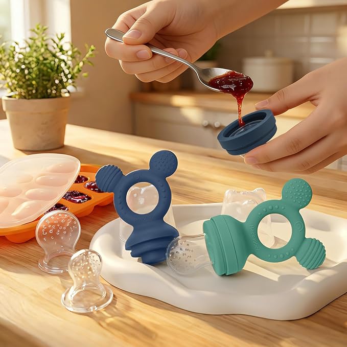 Baby Fruit Feeder 2 Pack with Freezer Tray, 4 Silicone Pouches in 3 Sizes, Breastmilk Popsicle Mold, Food Feeder Pacifier and Silicone Teether for Teething Relief, 4+ Months