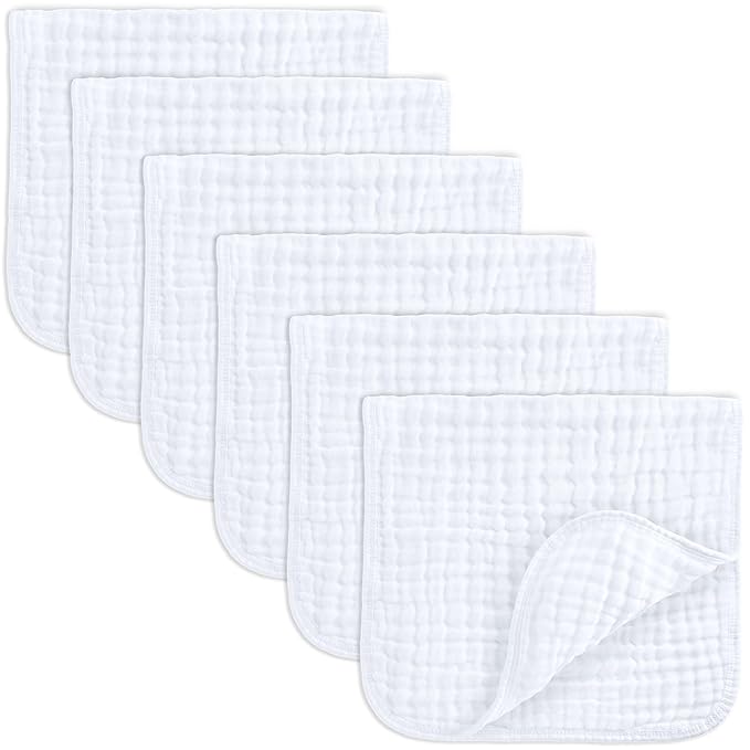 Comfy Cubs Muslin Burp Cloths 20" x 10", Pack of 6 - Large, 6-Layer, Ultra Absorbent 100% Cotton for Baby Spit-Up, Drool, and Messes - Soft, Safe & Gentle Baby Burp Cloths Set for Boys & Girls - White
