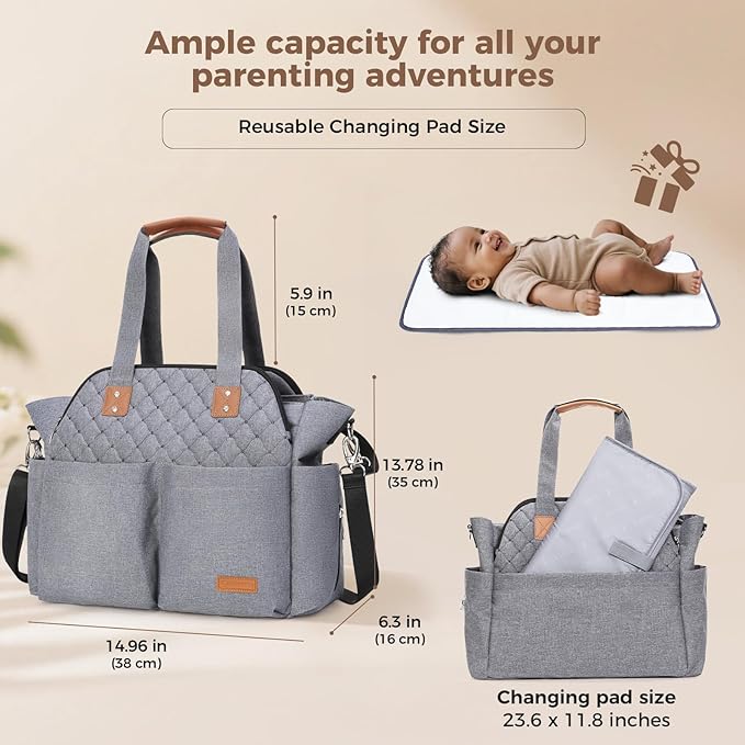 Lekebaby Diaper Bag Tote for Baby - 17 Pockets Large Travel Diaper Tote with Portable Changing Pad, Mom Crossbody Hospital Bag for Labor Delivery, Waterproof, Baby Essentials for Newborn Gifts, Grey