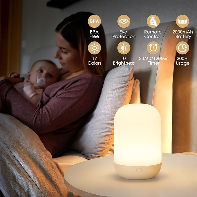 Rechargeable LED Night Light for Kids - Dimmable Bedside Lamp with Remote Control, Portable Baby Night Light with 17 Colors Changing & Timer Setting for Baby Nursery Toddler Room Breastfeeding