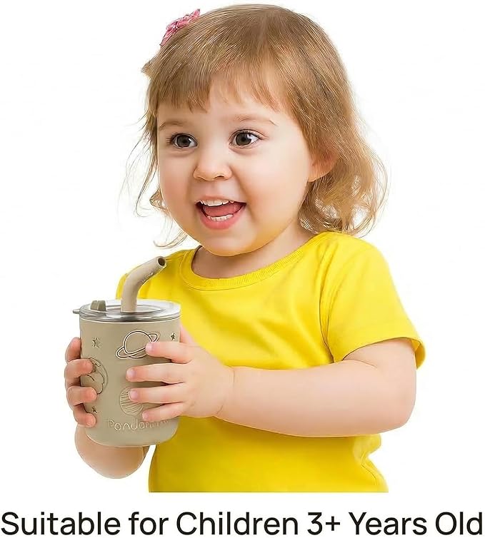 PandaEar 2 Pack Stainless Steel Cups with Lids & Silicone Sleeves | 8.8 oz Spill Proof Sippy Cups with Straw Stopper & Teething-Friendly Straws for Kids Children Ages 3+ (Beige & Khaki)