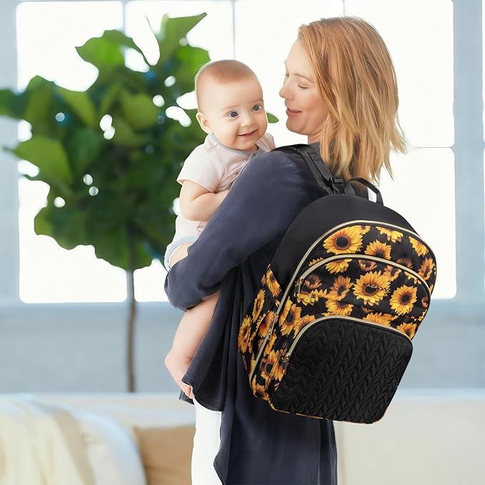 KABAQOO Baby Diaper Bag Backpack, Waterproof Diaper Backpack for Mom & Dad with Changing Pad, Insulated Pockets and Stroller Straps, Baby Shower Gifts for Girls & Boys, Sunflower