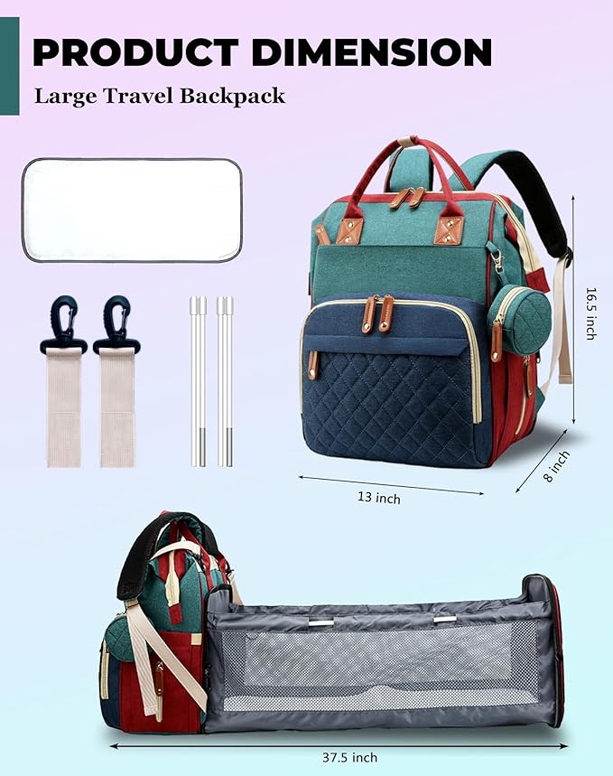 Diaper Bag with Changing Station, Waterproof 3 in 1 Diaper Backpack with Foldable Changing Pad, Baby Registry Search &Baby Shower Gifts - Newborn Essentials, Red-Green-Blue