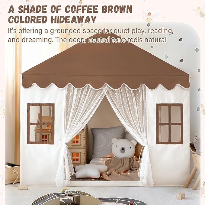 Kids Play Tent with Mat, Large Playhouse Play Tent Indoor for Girls Boys, Kids Tent Toys for Toddlers Children Play House Toy Birthday Gift (Brown)