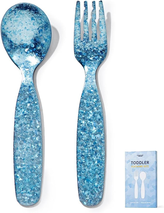 KINGSTONE Toddler Utensils Set, Pure Titanium 2-Piece Fork & Spoon Gift Set, Lightweight Kids Silverware for Self-Feeding Training, Easy Grip, BPA-Free, Dishwasher-Safe, Blue