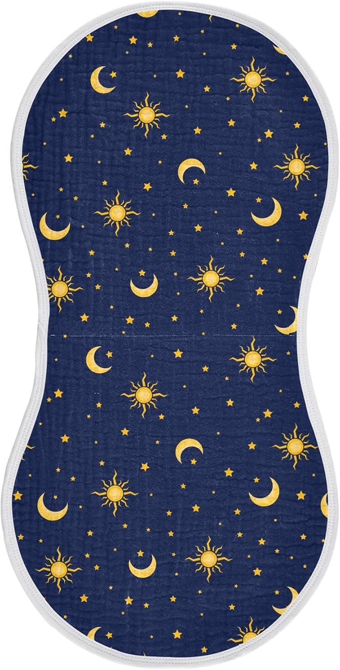 Muslin Baby Burp Cloths Set of 1, Soft Sun Moon Star Absorbent Muslin Washcloths, Bibs, Face Towel for Newborn Boys Girls, 22 x 11 Inch