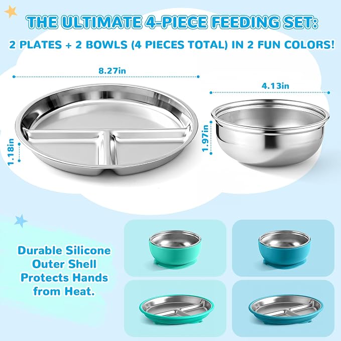 Havawish 4 Pcs Stainless Steel Baby Plate and Bowl with Suction, 8.3" Kid Divided Plate 4" Toddler Bowl with Removable Silicone, BPA-free Non-slip Baby Feed Set Dishwasher Safe for Boy Girl (Cyan)