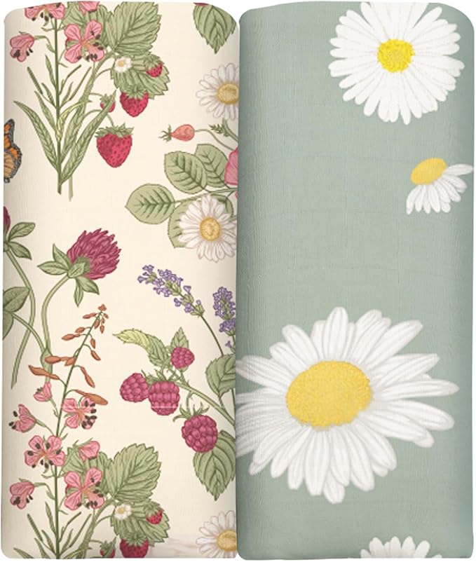 BabyWhale Swaddle Blankets for Baby Girl, 2-Pack Super Soft Viscose Bamboo Cotton Muslin Swaddles Blankets (Large 47" x 47"), Floral & Little Daisy Pattern, Newborn Baby Registry