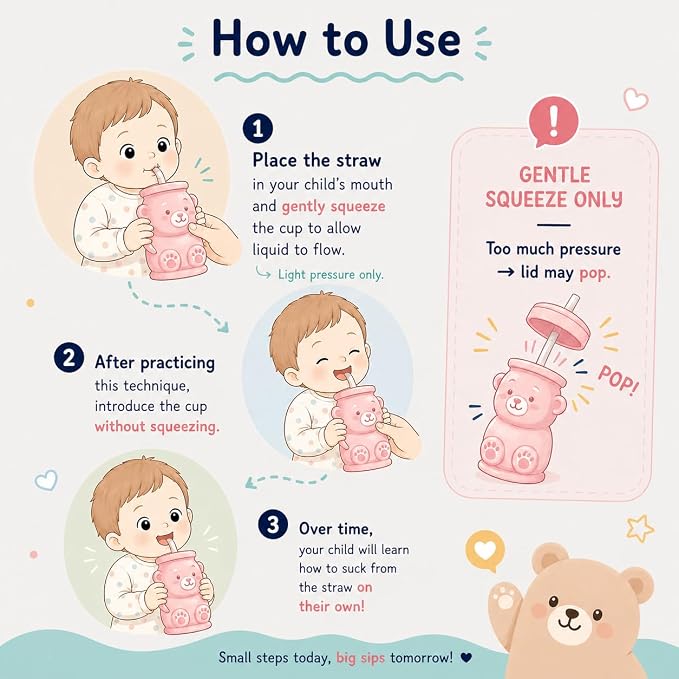 Silipint Honey Bear Straw Cup for Baby & Toddler – Soft Silicone Squeeze Training Straw Cup, Leak-Resistant Baby Sippy Cup for Bottle Transition, BPA Free, Dishwasher Safe, 8 oz Pink
