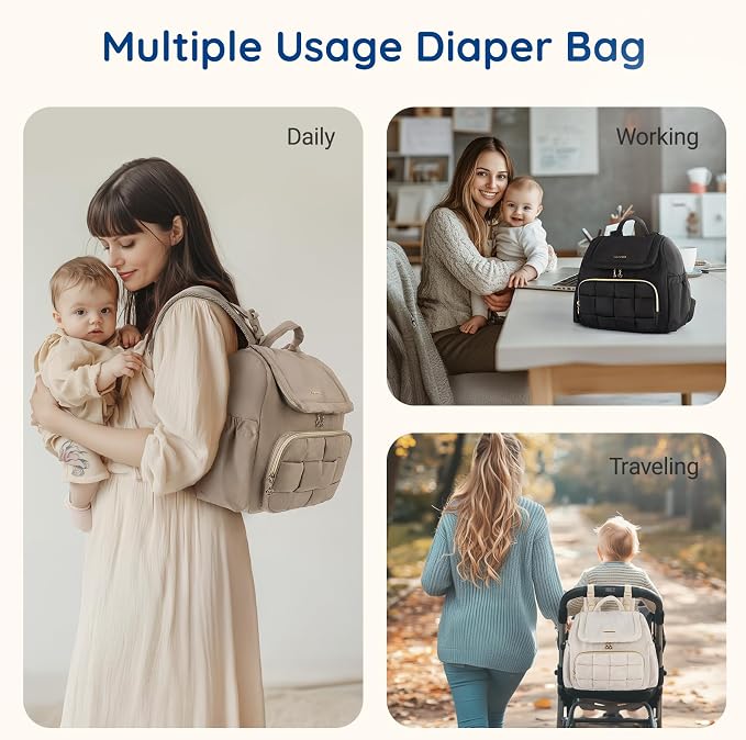 mommore Small Diaper Bag, Mini Baby Diaper Bag, Puffer Quilted Diaper Backpack with Changing Pad, Insulated Pockets, Stroller Strap, Woven Baby Bag for Travel Work