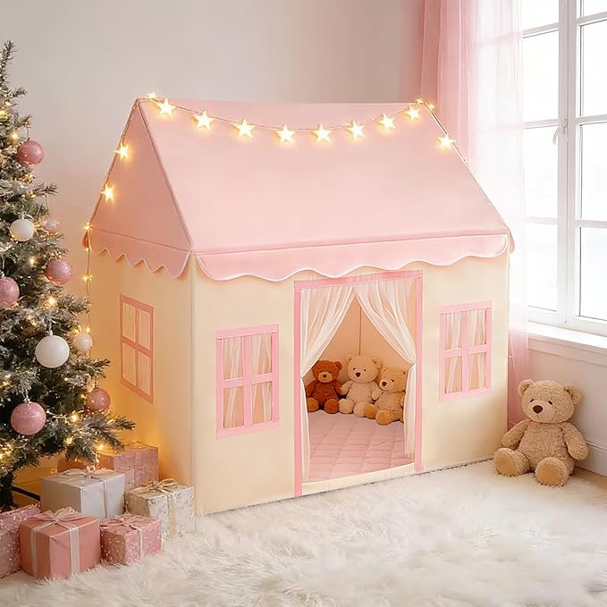 WIRHAO Large Kids Tent with Padded Mat Playhouse with Large Space for Toddlers Indoor Kids Play Tent for Girls Boys with Stars Lights, Carry Bag, Banner Flag (Pink)