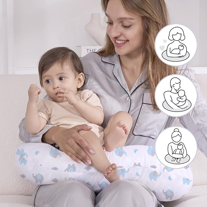 Little Grape Land Nursing Pillow for Breastfeeding, Soft and Supportive Breastfeeding Pillow for Mom and Baby, Cute Feeding Pillow with Removable Cover for 0–12 Months, Blue Elephant