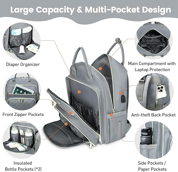 LOVEVOOK Baby Diaper Bag,Waterproof Diaper Backpack with USB Charging Port for Baby, Large Capacity Fit for 15.6 inch Laptop,Light Grey