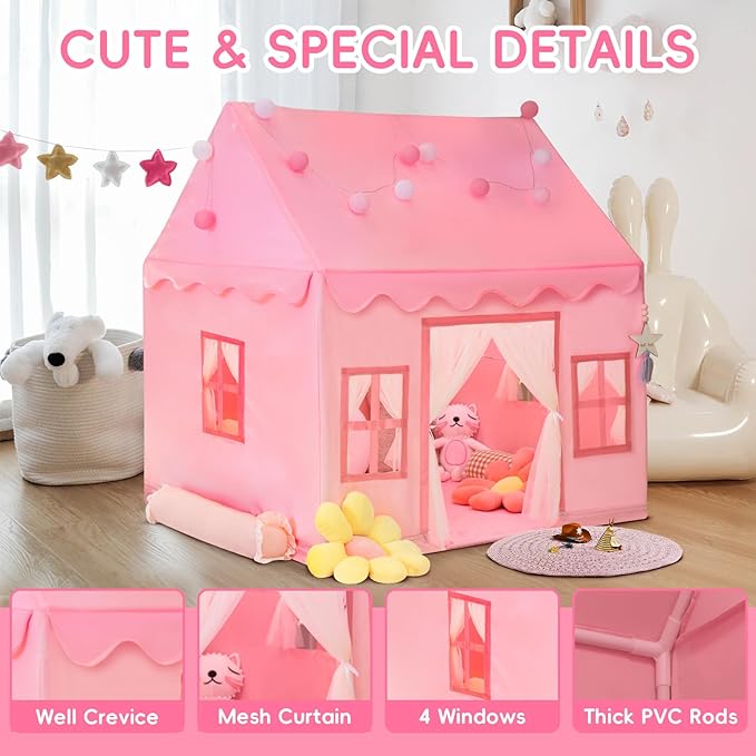 RONGFA Large Kids Tent Playhouse Padded Mat with Star Lights, Flags and Tote Bags, Play Tent Indoor & Outdoor, Washable Teepee Tent for Boys & Girls, Kids Play House for Toddler（Pink）