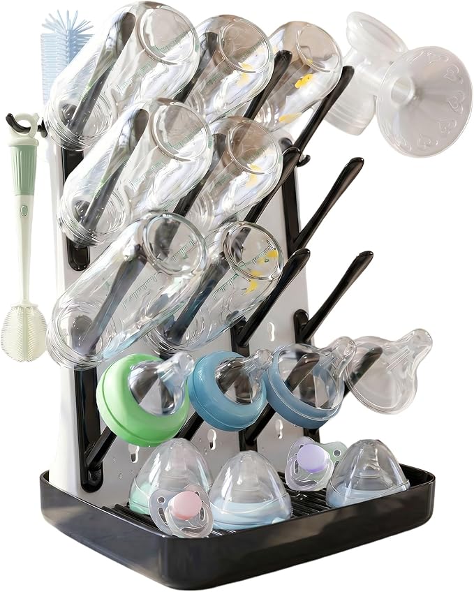Baby Bottle Drying Rack, Vertical Space Saving Bottle Dryer for Countertop, Holds 12 Bottles, BPA Free Baby Bottle Organizer with Removable Drip Tray for Pacifiers, Pump Parts & Accessories