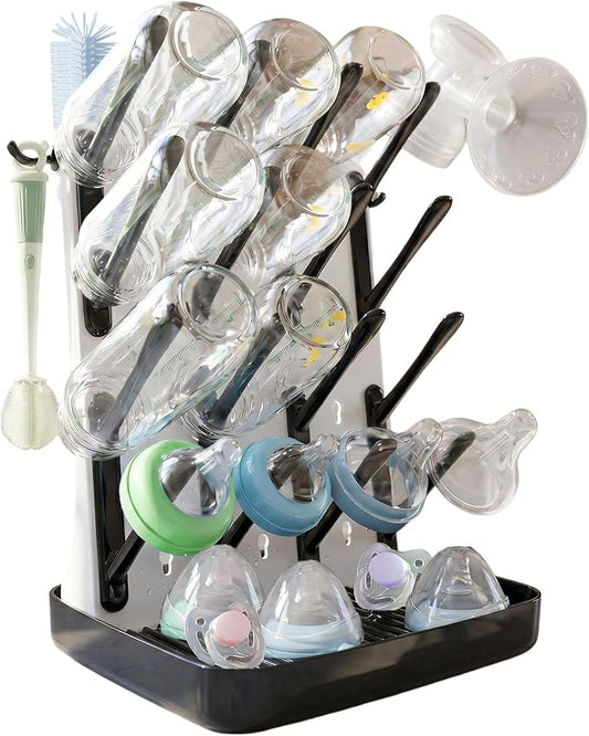 Baby Bottle Drying Rack, Vertical Space Saving Bottle Dryer for Countertop, Holds 12 Bottles, BPA Free Baby Bottle Organizer with Removable Drip Tray for Pacifiers, Pump Parts & Accessories