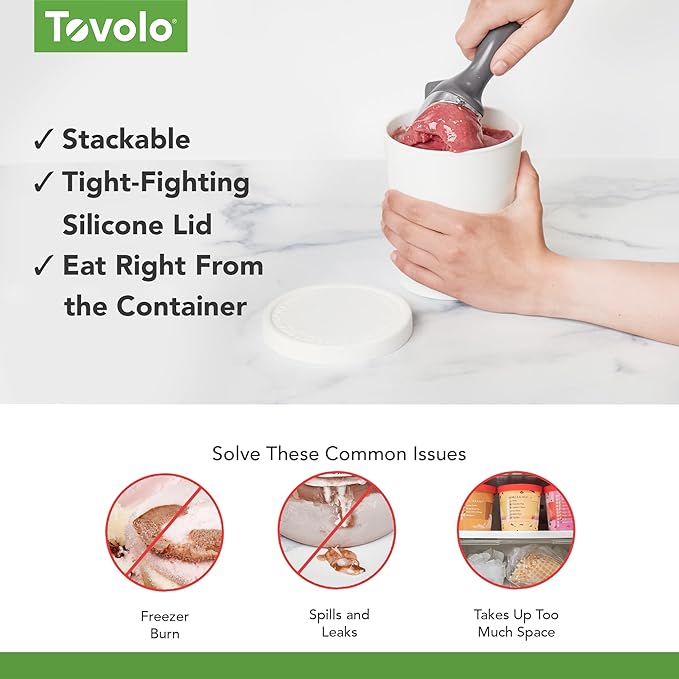 Tovolo 1 Quart Ice Cream Containers with Lid for Homemade Ice Cream Toppings Supplies, Air Tight Silicone Lid Reuseable Ice Cream Storage for Freezer Dishwasher Safe Frozen Treat Tub, White