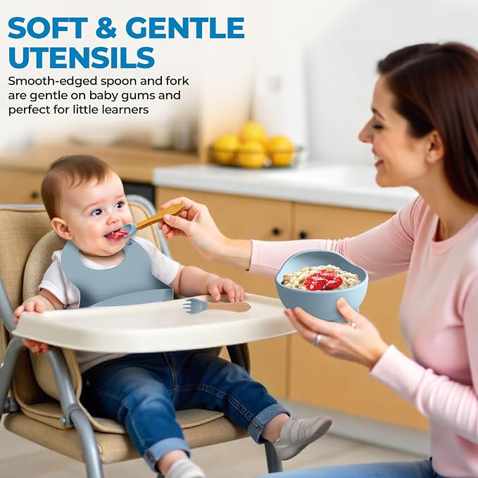5-Piece Silicone Baby Feeding Set – Suction Bowl, Divided Plate, Adjustable Bib, Spoon & Fork – 100% Food-Grade Silicone, BPA Free, Non-Toxic, Dishwasher & Microwave Safe
