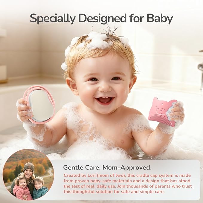 3-in-1 Baby Cradle Cap Brush kit, Soft Baby Brush, Curved Comb & Bath Sponge | BPA-Free Cradle Cap Treatment Set for Newborns, Infants Dry Skin Flakes Removal, Pink