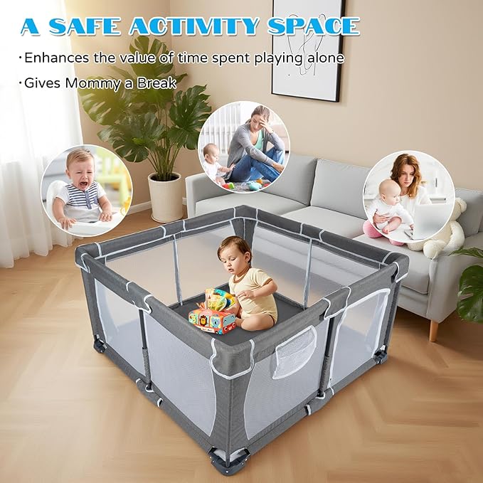 Foldable Baby Playpen,PlayPens for Babies and Toddlers，Indoor Outdoor Safety Play Area, Portable Child Activity Large Collapsible Play Yard，Folding Fence (Cationic Fabric-Grey, 50"x50")