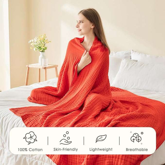 EMME Cotton Muslin King Blanket Bed Layering Breathable Gauze Blanket Soft Lightweight Blankets Adults (Orange Rust, 108"x90")