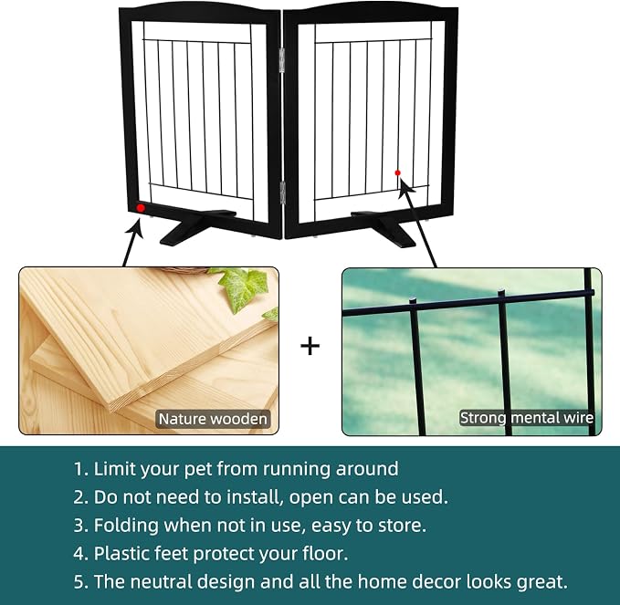 Dog Fence Indoor,Dog Gate Indoor for Doorway pet gate -2-Panel Freestanding, Hallways, House or Stairs -40x24-Inch Retractable Foldable Expandable Wood Pet by SFJC (Black) ﻿