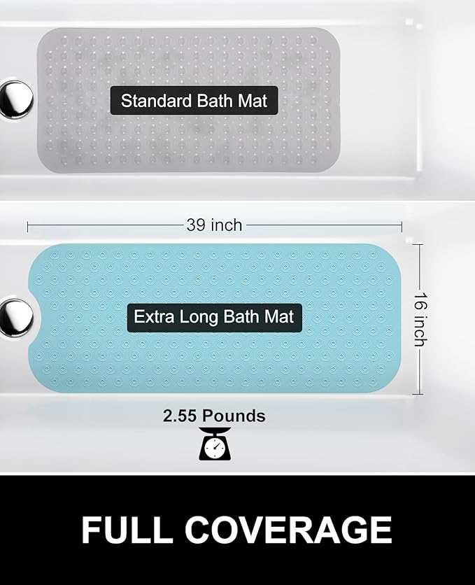 OTHWAY No Suction Cup Bath Mat: 39x16 inch Extra Long Bathmat?‚Perfect for Refinished or Ordinary Bath Tubs?‚Made of Nature Rubber?‚a Blessing for The Elderly and Children (Lake Blue)