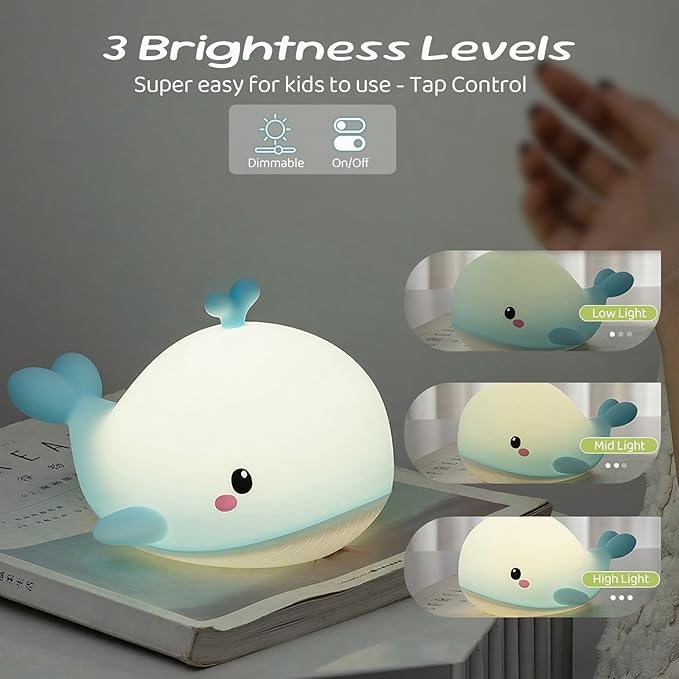 AVEKI Baby Whale Night Light, Soft Silicone Ocean Animal Light for Nursery, 3 Levels Brightness Portable Touch Bedside Lamp, Rechargeable Kid Nightlight Whale Gifts for Ocean Buddies