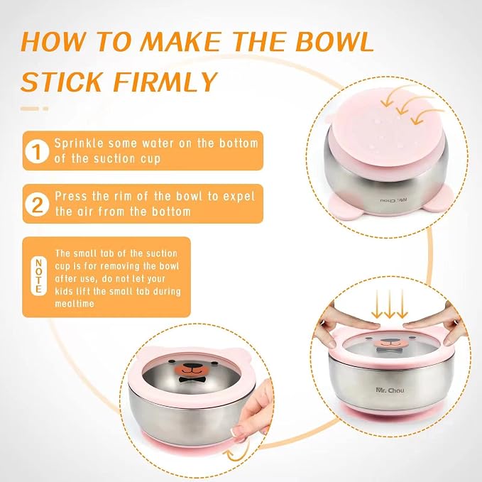 MR. CHOU Food-Grade Stainless Steel Baby Bowls with Leakproof Tempered Glass Lid, First Stage Baby Led Weaning Supplies for Boys & Girls, Silicone Suction Bowls for Baby Feeding (Pink)