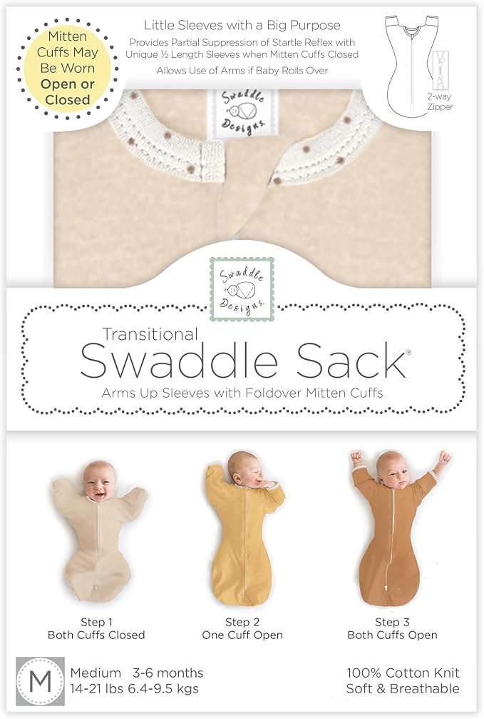 SwaddleDesigns Transitional Swaddle Sack, Arms Up Half-Length Sleeve Mitten Cuff, Most Gradual Transition Swaddle for Newborn