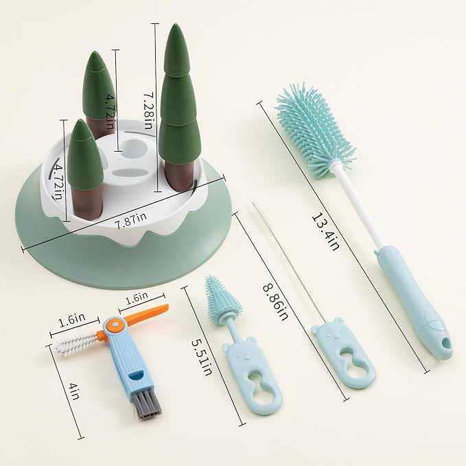 Chemimoso Baby Bottle Drying Rack and Cleaning Set, with Straight Silicone Baby Bottle Brush, Pacifier Brush, Straw Brush, Cup Lid Cleaning Brush, 2025 Xmas Holiday Surprise Gift for Newmom, Z Blue