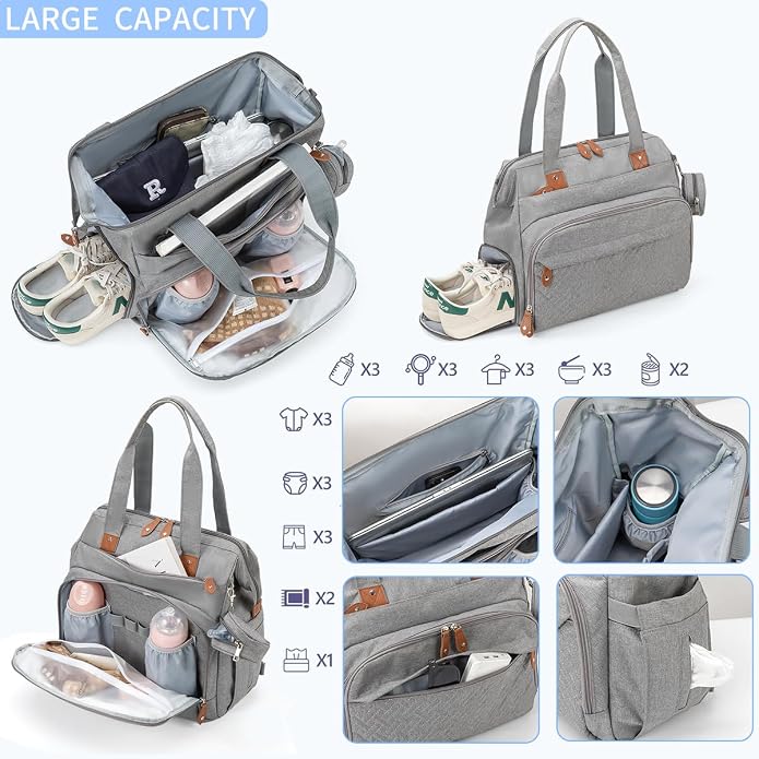 Diaper Bag with Changing Pad - Large Capacity Travel Diaper Bag Tote/Backpack for Mom and Dad