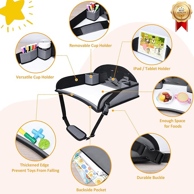Kids Travel Tray for Toddler Carseat, Road Trip Activities Essentials for Toddler, Kids Lap Desk Tray with Tablet Holder Stand ï¼?Dry Erase Board (Grey)