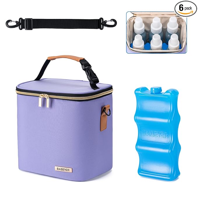 Breastmilk Cooler Bag with Ice Pack Fits 6 Baby Bottles Up to 9 Ounce, Baby Bottle Bag with Shoulder Strap for Nursing Mom Daycare, Violet