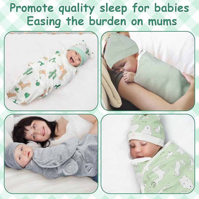Ramede 6 Pack Swaddle Blanket with Hats for Baby Girl Boy 100% Cotton Swaddles 0-3 Months, Adjustable Breathable Skin Friendly Receiving Blanket Wrap, Essential for Newborns(Alpaca,Green)