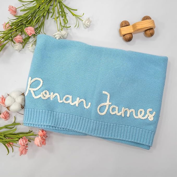 Luxury Personalized Name Baby Blanket, Hand-Embroidered Name Baby Blanket, Soft Breathable Cotton Knit Kids Blankets, Newborn Kid Gift, New Mom Gifts, Newborn Kids Girl & Boy Gift 6