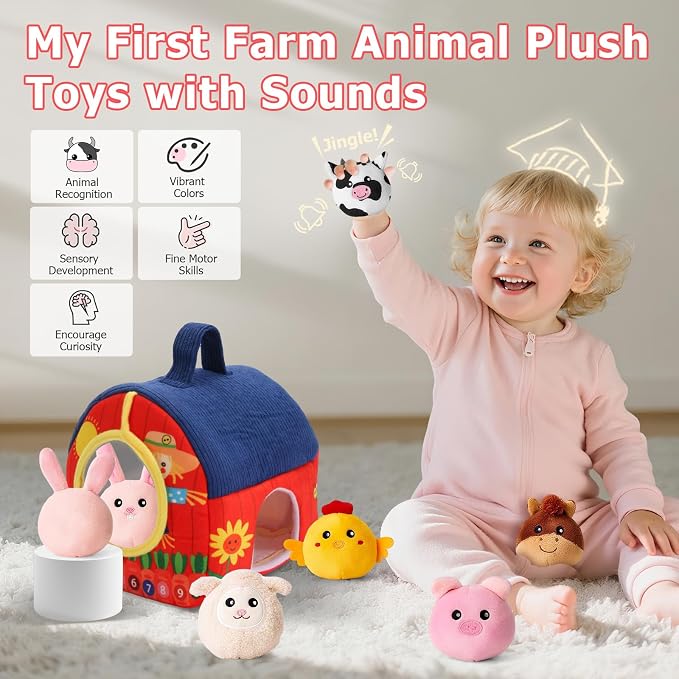 Baby Toys 6-12 Months, Surprise Barn with Stuffed Farm Animals 6Pcs, Rattle, Crinkle, Mirror, Montessori Sensory Toys for 1-3 Year Old Boys Girls, Ideal Gifts for Babies Toddlers Birthday Christmas
