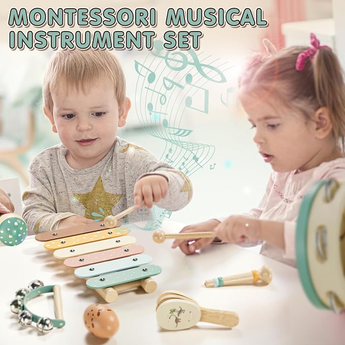 Baby Musical Instruments for Toddlers 1-3, Montessori Wooden Toys for 1 Year Old, Xylophone Maracas Percussion Set with Storage Bag, Learning Toys for Boys Girls Age 2-4, Christmas Birthday Gift