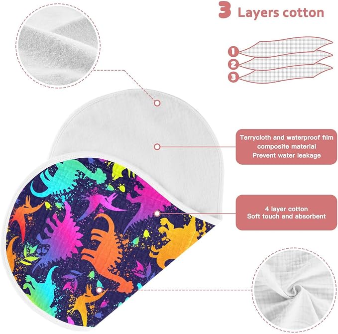 Muslin Burp Cloths for Baby Boys and Girls - 1-Pack Ultra Absorbent Bright Neon Dinosaurs Muslin Washcloths, Newborn Towel, Milk Spit Up Rags, Burp Cloth Bib for Unisex, 22 x 11 Inch
